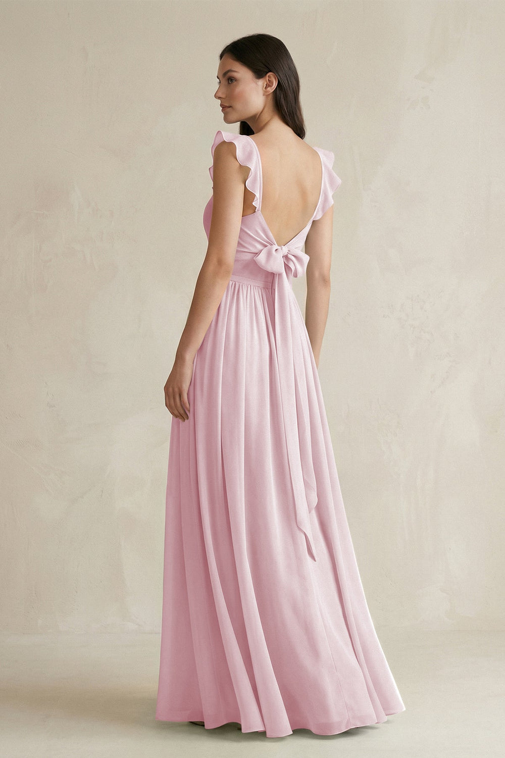 Ruffled Spaghetti Strap Chiffon A - Line Bridesmaid Dress in Candy Pink - SHE IS ME Bridesmaid Dresses