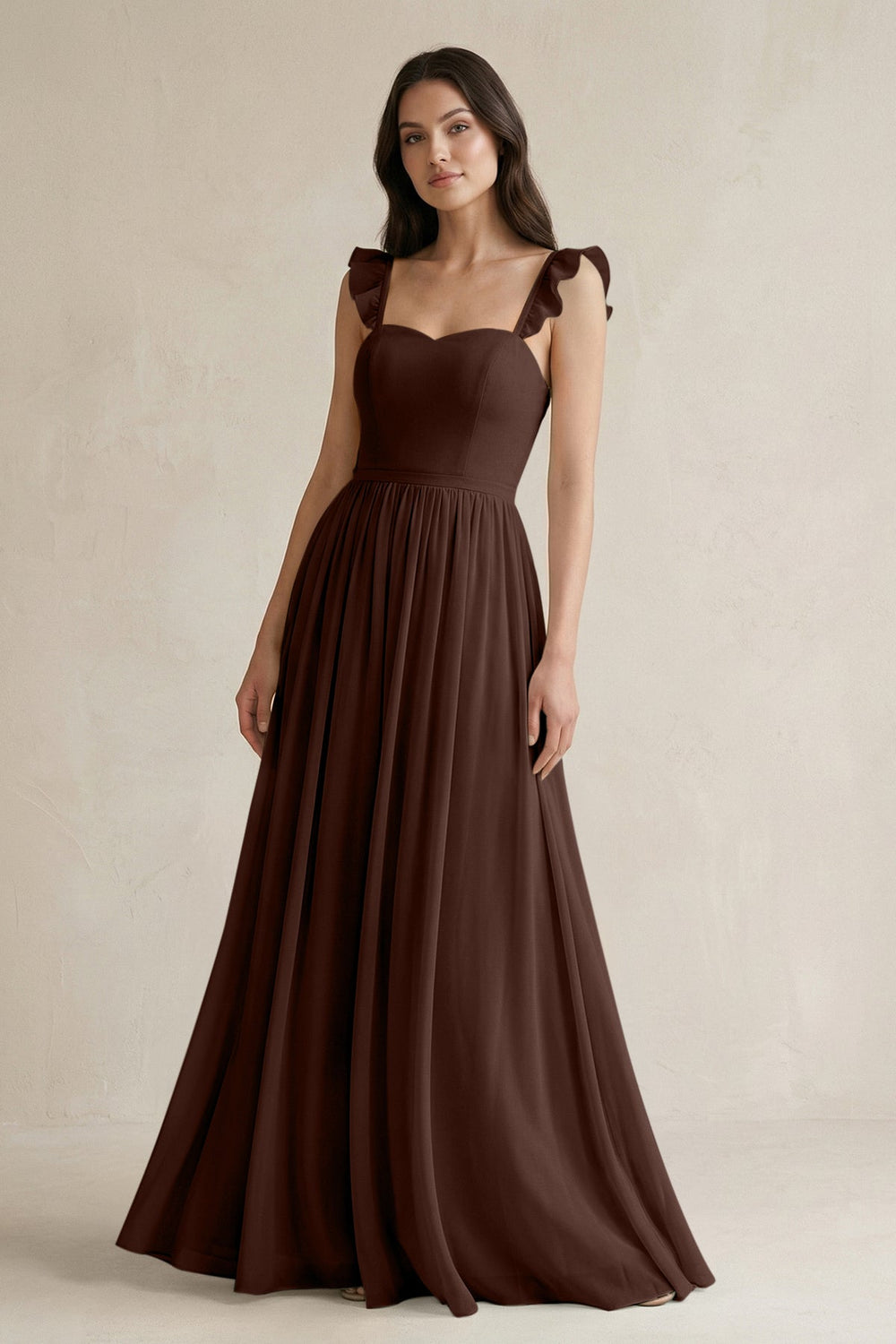 Ruffled Spaghetti Strap Chiffon A - Line Bridesmaid Dress in Espresso - SHE IS ME Bridesmaid Dresses