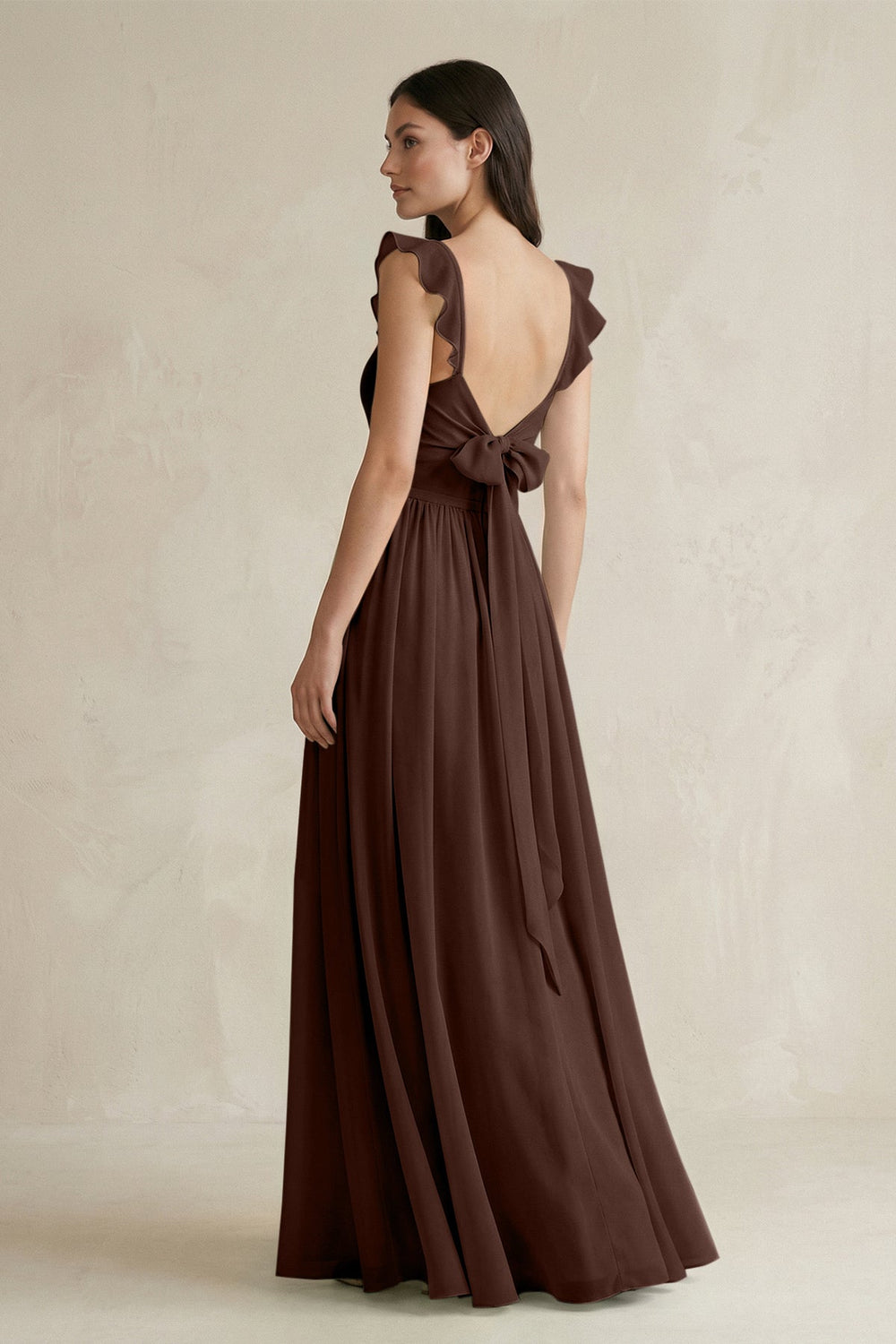 Ruffled Spaghetti Strap Chiffon A - Line Bridesmaid Dress in Espresso - SHE IS ME Bridesmaid Dresses