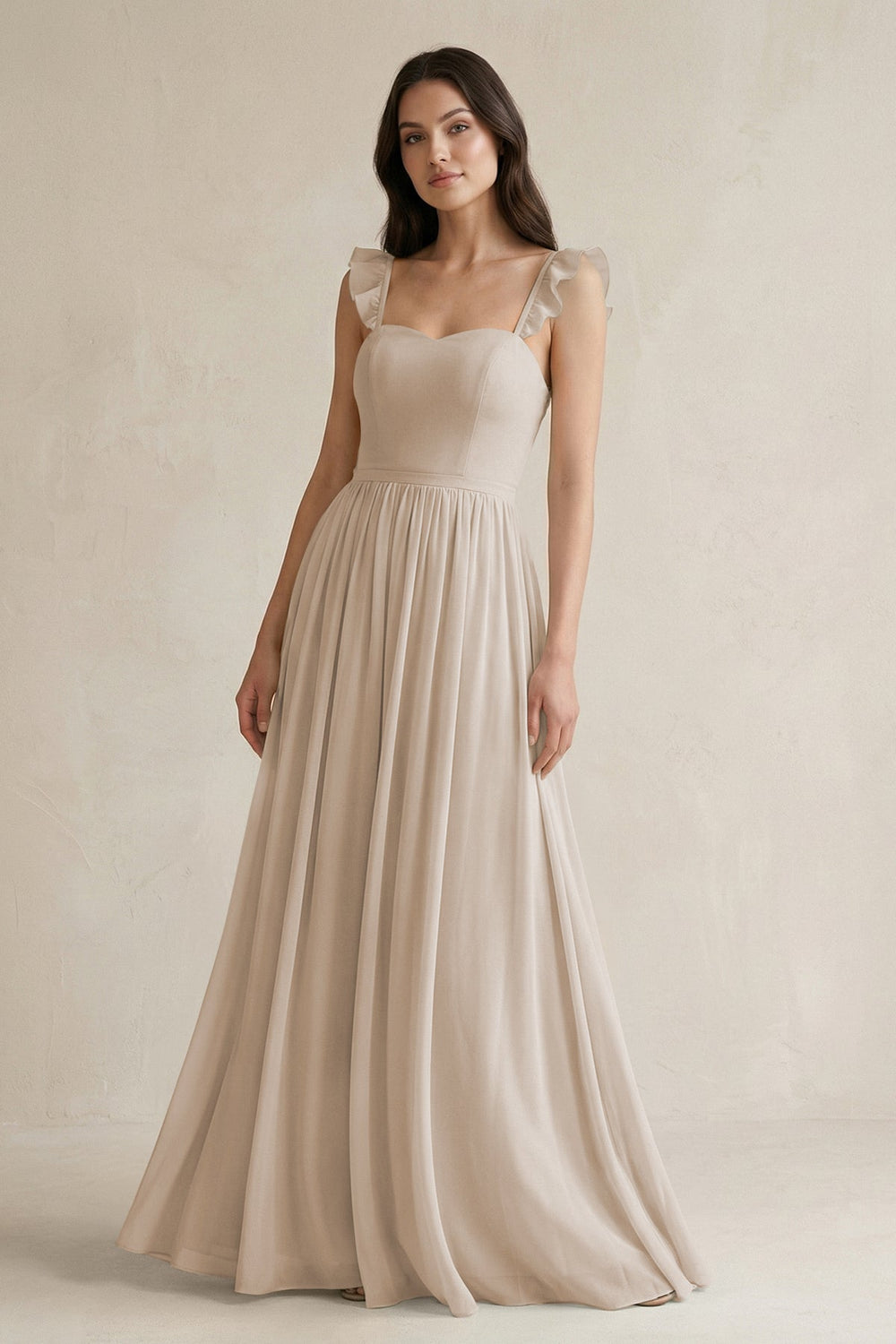 Ruffled Spaghetti Strap Chiffon A - Line Bridesmaid Dress in Frost - SHE IS ME Bridesmaid Dresses
