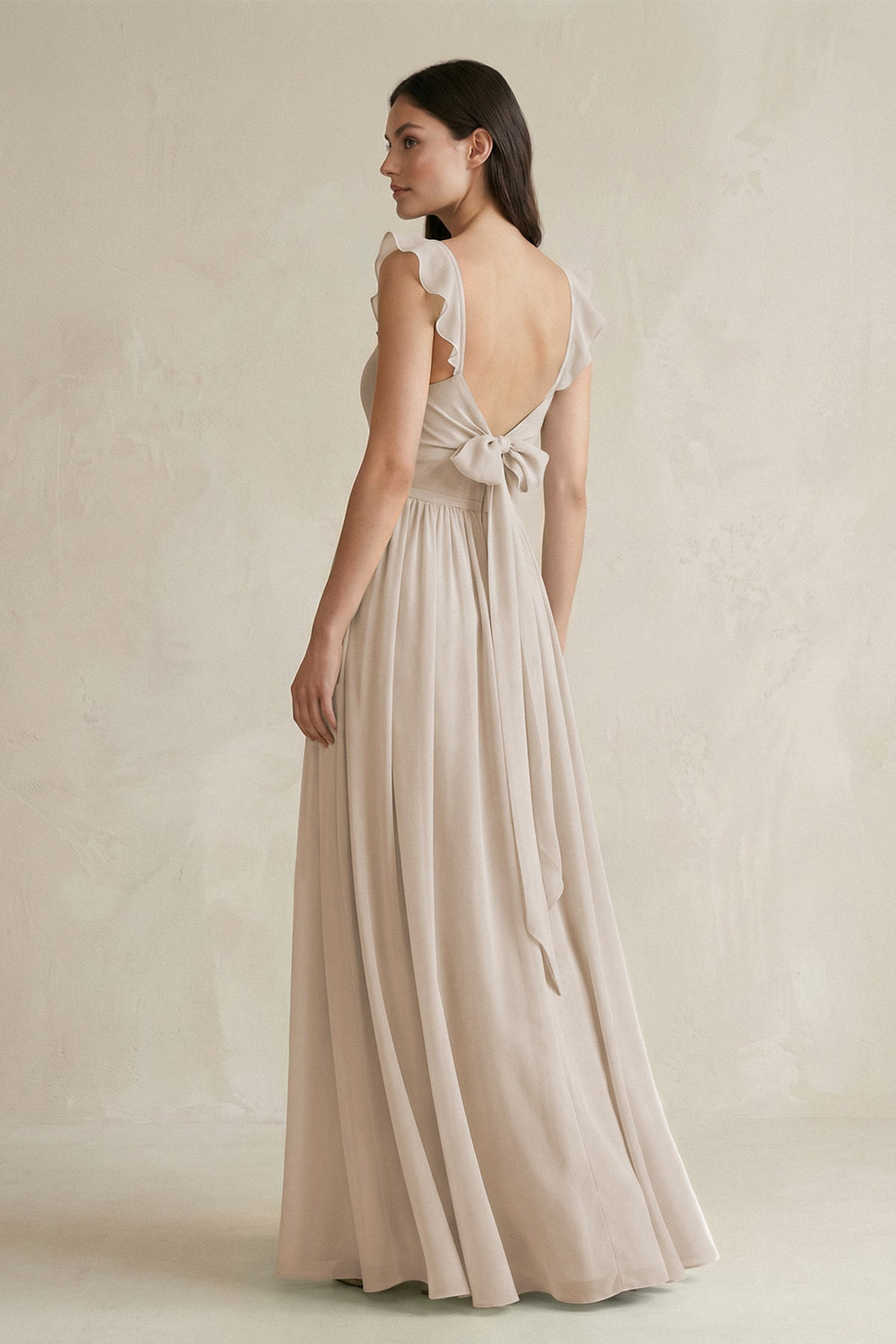 Ruffled Spaghetti Strap Chiffon A - Line Bridesmaid Dress in Frost - SHE IS ME Bridesmaid Dresses
