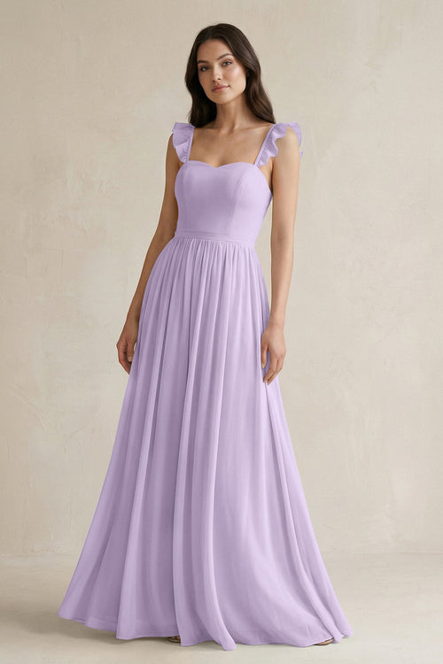Ruffled Spaghetti Strap Chiffon A - Line Bridesmaid Dress in Lavender - SHE IS ME Bridesmaid Dresses
