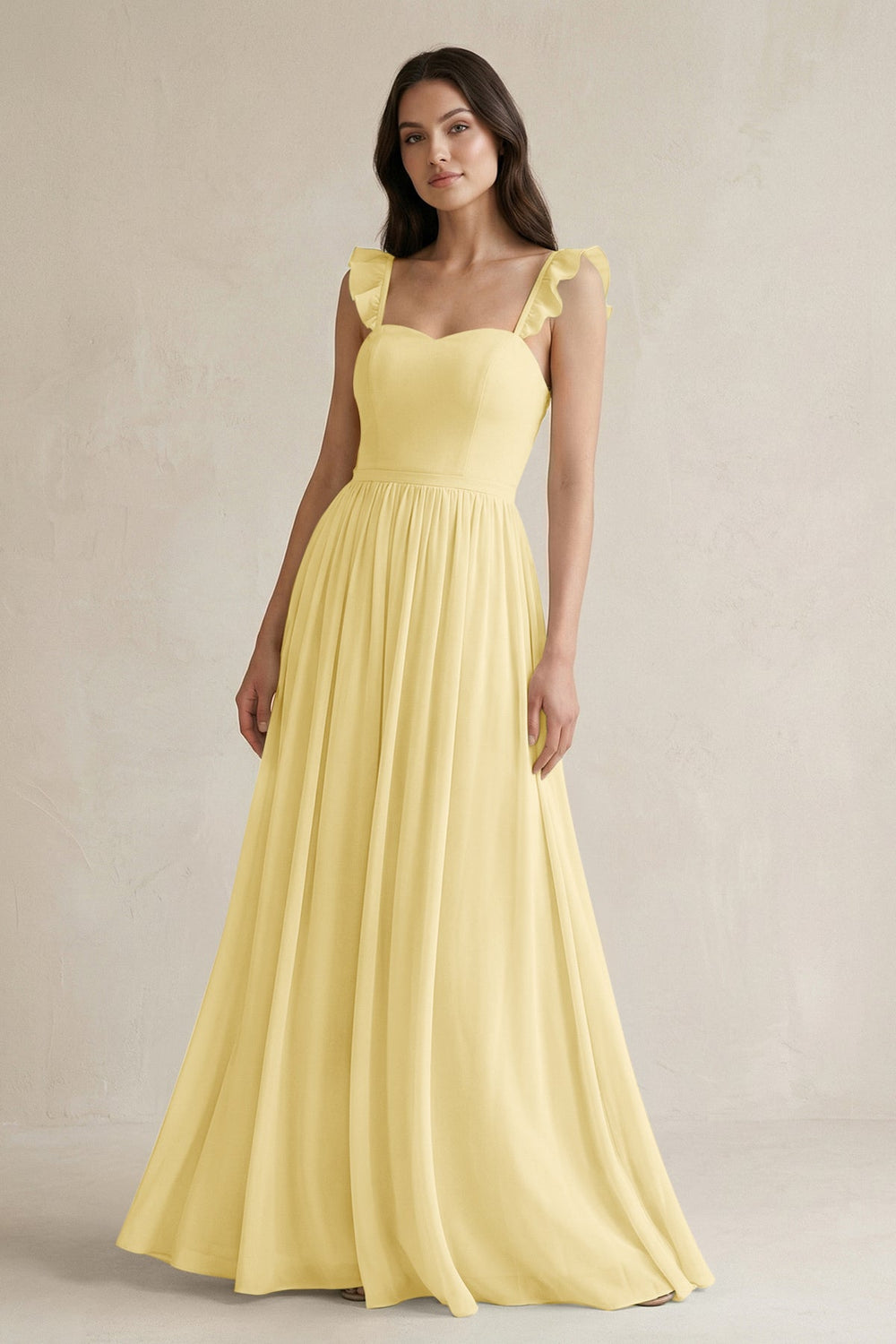 Ruffled Spaghetti Strap Chiffon A - Line Bridesmaid Dress in Pastel Yellow - SHE IS ME Bridesmaid Dresses