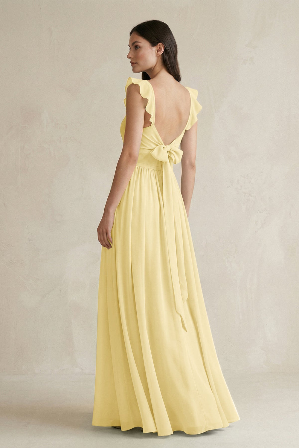 Ruffled Spaghetti Strap Chiffon A - Line Bridesmaid Dress in Pastel Yellow - SHE IS ME Bridesmaid Dresses