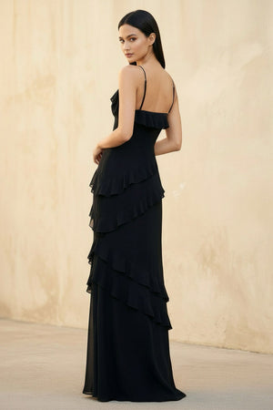 Ruffled Spaghetti Straps Gown in Black - SHE IS ME PROM DRESSES