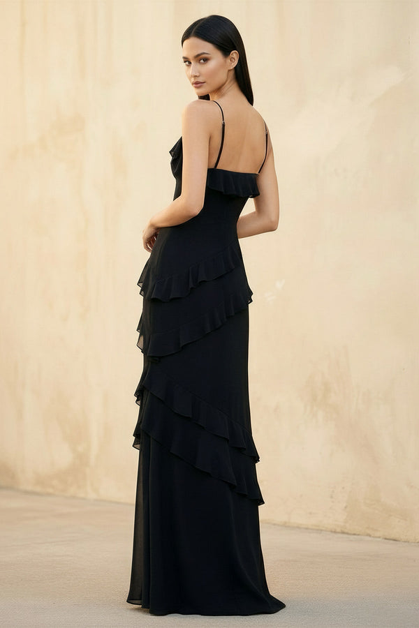 Ruffled Spaghetti Straps Gown in Black - SHE IS ME PROM DRESSES