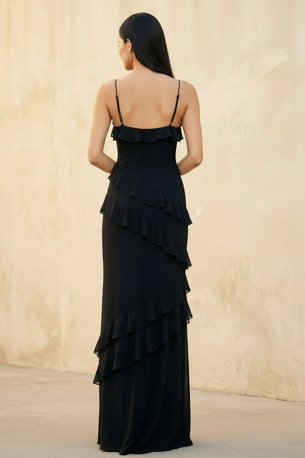 Ruffled Spaghetti Straps Gown in Black - SHE IS ME PROM DRESSES