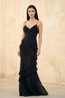 Ruffled Spaghetti Straps Gown in Black - SHE IS ME