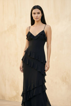 Ruffled Spaghetti Straps Gown in Black - SHE IS ME PROM DRESSES