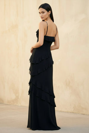 Sheisme - Ruffled Spaghetti Straps Gown in Black