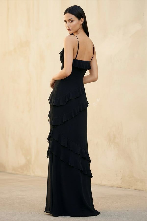 Sheisme - Ruffled Spaghetti Straps Gown in Black