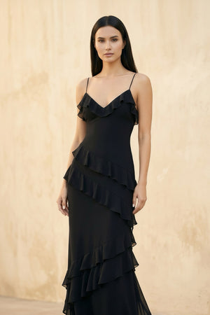 Sheisme - Ruffled Spaghetti Straps Gown in Black