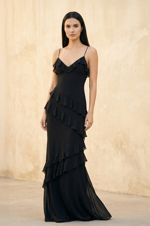 Sheisme - Ruffled Spaghetti Straps Gown in Black