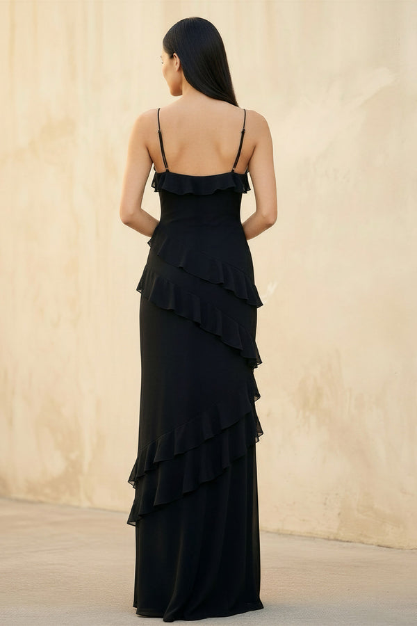 Sheisme - Ruffled Spaghetti Straps Gown in Black