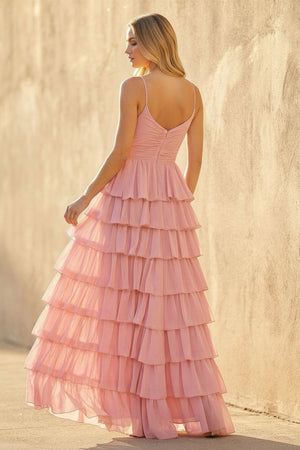 Ruffled Spaghetti Straps Maxi Dress in Pink - SHE IS ME PROM DRESSES