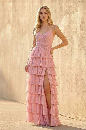Ruffled Spaghetti Straps Maxi Dress in Pink - SHE IS ME PROM DRESSES