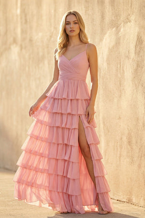 Ruffled Spaghetti Straps Maxi Dress in Pink - SHE IS ME PROM DRESSES