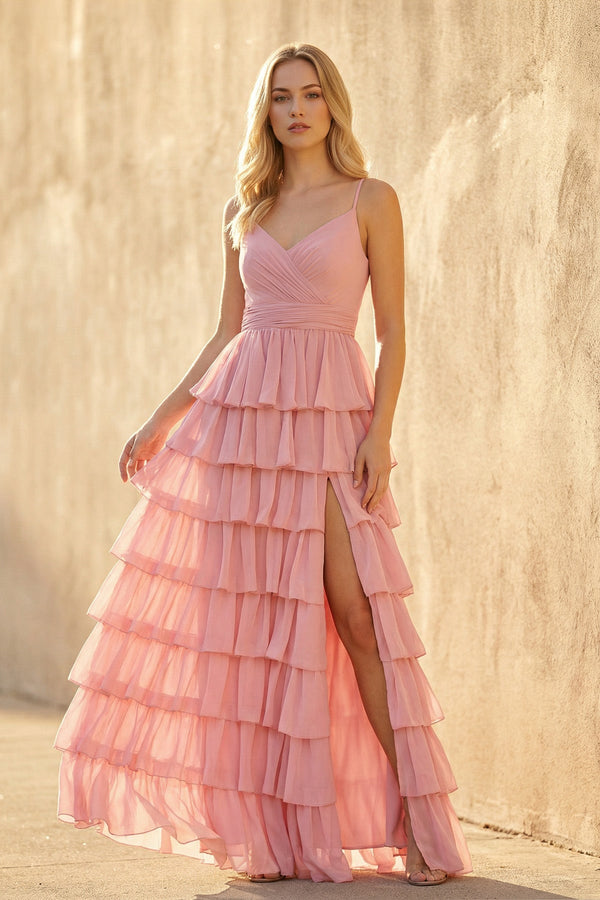 Ruffled Spaghetti Straps Maxi Dress in Pink - SHE IS ME PROM DRESSES