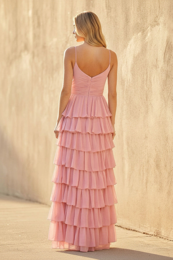 Ruffled Spaghetti Straps Maxi Dress in Pink - SHE IS ME PROM DRESSES