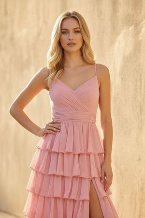 Ruffled Spaghetti Straps Maxi Dress in Pink - SHE IS ME PROM DRESSES