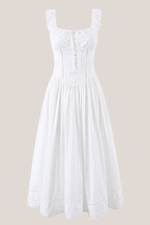 Ruffled Square Neck A-Line Cotton Midi Dress in White– SHE IS ME Dresses