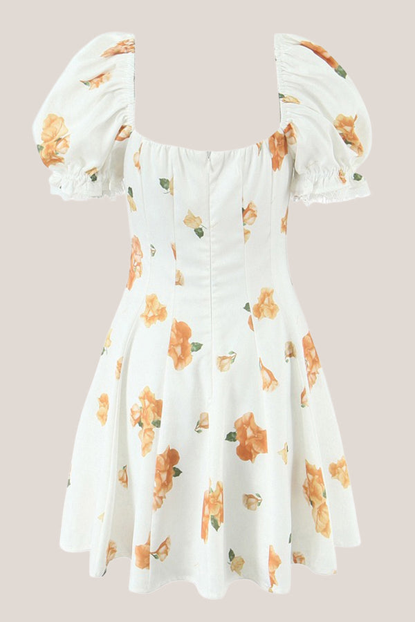 Ruffled Square Neck Warm Rose Print Cotton Mini Dress in White - SHE IS ME Dresses