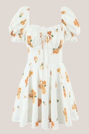 Ruffled Square Neck Warm Rose Print Cotton Mini Dress in White - SHE IS ME Dresses