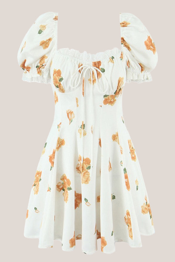 Ruffled Square Neck Warm Rose Print Cotton Mini Dress in White - SHE IS ME Dresses