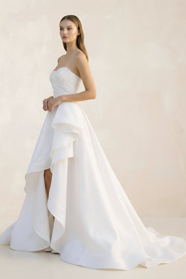 Ruffled Strapless A - Line Ruched Wedding Dress With Slit in White - SHE IS ME Wedding Dresses