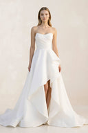 Ruffled Strapless A - Line Ruched Wedding Dress With Slit in White - SHE IS ME Wedding Dresses
