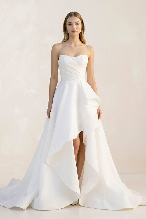 Ruffled Strapless A - Line Ruched Wedding Dress With Slit in White - SHE IS ME Wedding Dresses