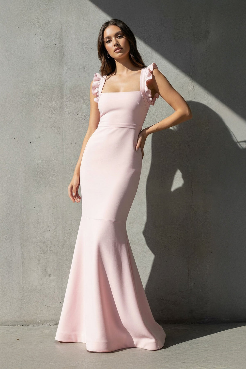 Ruffled Straps Mermaid Gown in Pink - SHE IS ME