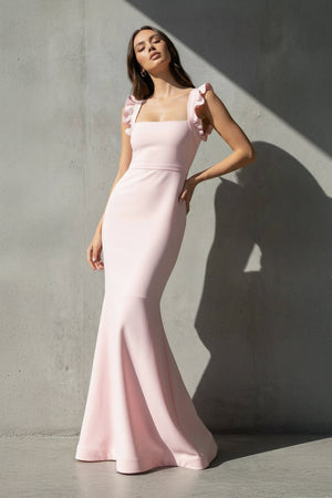 Ruffled Straps Mermaid Gown in Pink - SHE IS ME