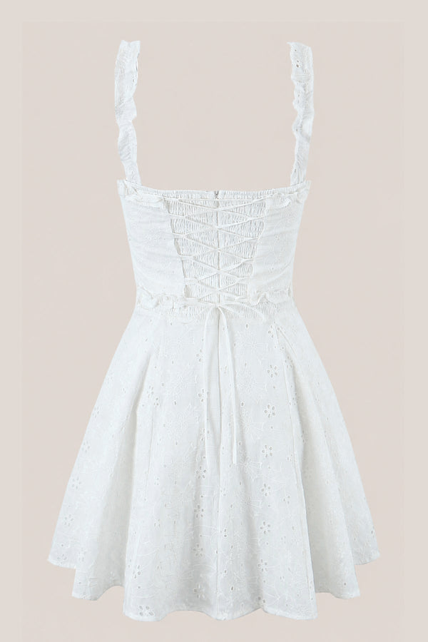 Ruffled Sweetheart A - Line Cotton Mini Dress in White - SHE IS ME Dresses