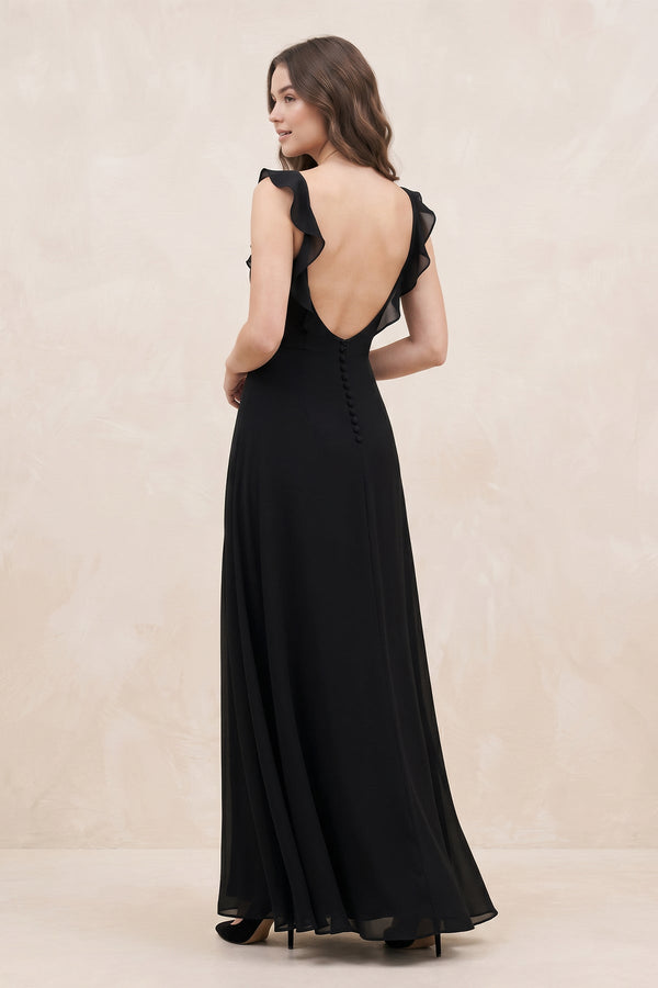 Ruffled Sweetheart Chiffon A - Line Maxi Dress with Slit in Black - SHE IS ME Dresses