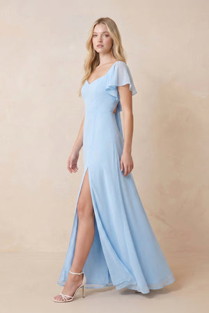Ruffled Sweetheart Keyhole Chiffon Maxi Dress with Slit in Sky Blue – SHE IS ME Dresses