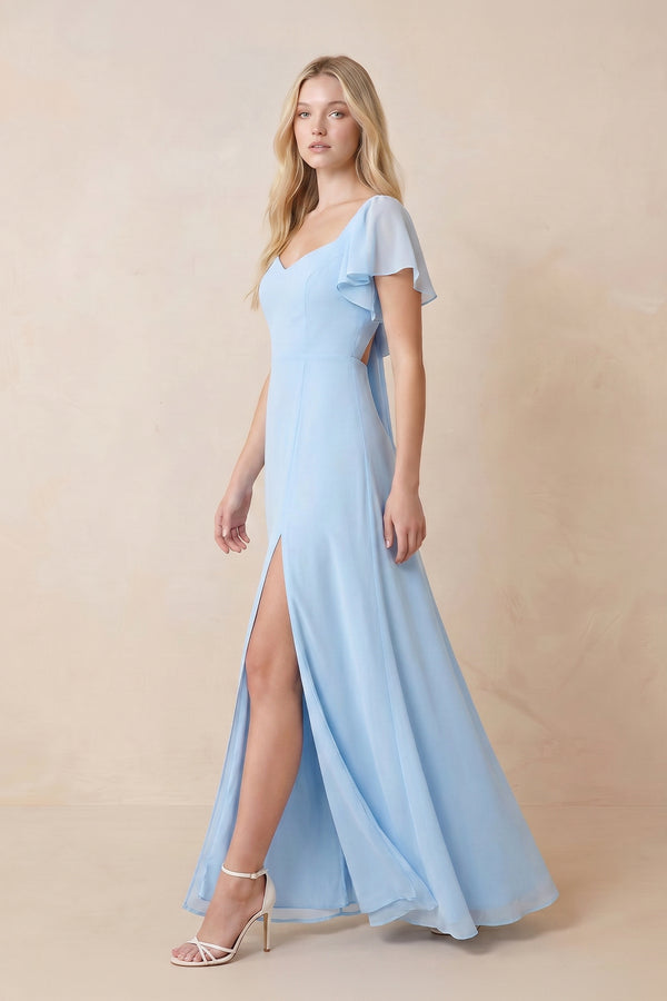 Ruffled Sweetheart Keyhole Chiffon Maxi Dress with Slit in Sky Blue – SHE IS ME Dresses