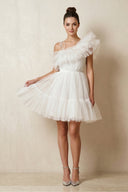 Ruffled Tulle A - Line One - Shoulder Mini Wedding Dress in Ivory - SHE IS ME Wedding Dresses