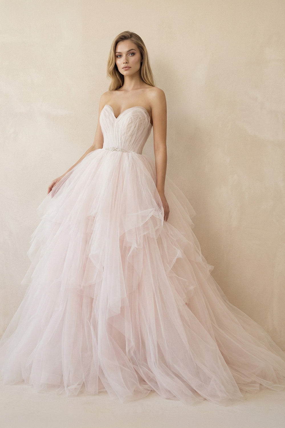 Ruffled Tulle A - Line Sweetheart Ball Gown Wedding Dress in Pink - SHE IS ME Wedding Dresses