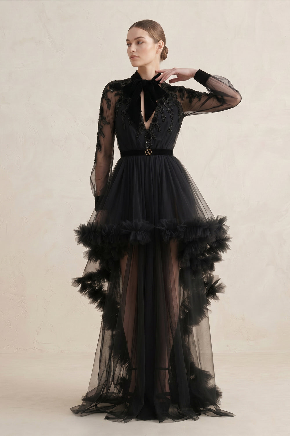Ruffled Tulle Plunging High-Low Wedding Dress in Black