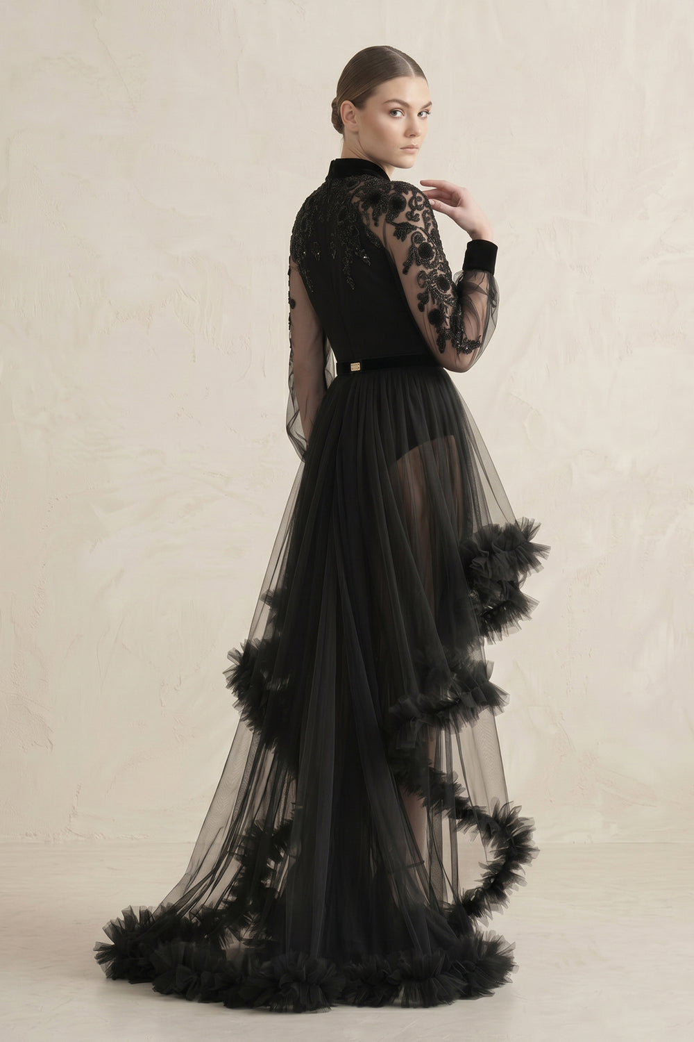 Ruffled Tulle Plunging High-Low Wedding Dress in Black