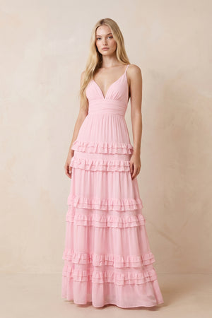 Ruffled V-Neck A-Line Chiffon Maxi Dress in Pink – SHE IS ME Dresses
