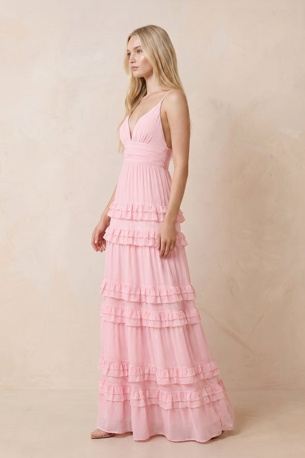 Ruffled V-Neck A-Line Chiffon Maxi Dress in Pink – SHE IS ME Dresses