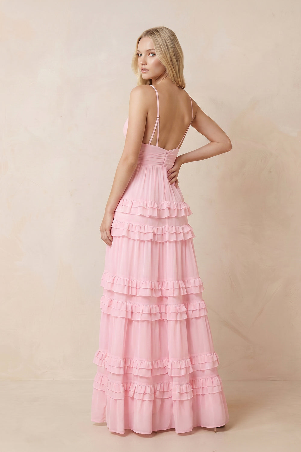 Ruffled V-Neck A-Line Chiffon Maxi Dress in Pink – SHE IS ME Dresses