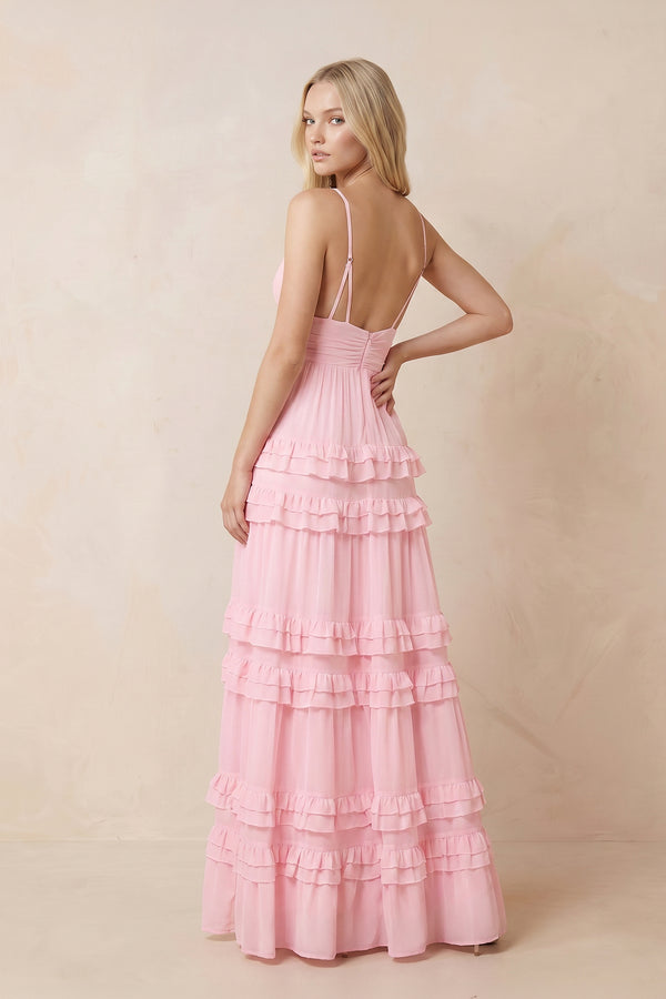 Ruffled V-Neck A-Line Chiffon Maxi Dress in Pink – SHE IS ME Dresses