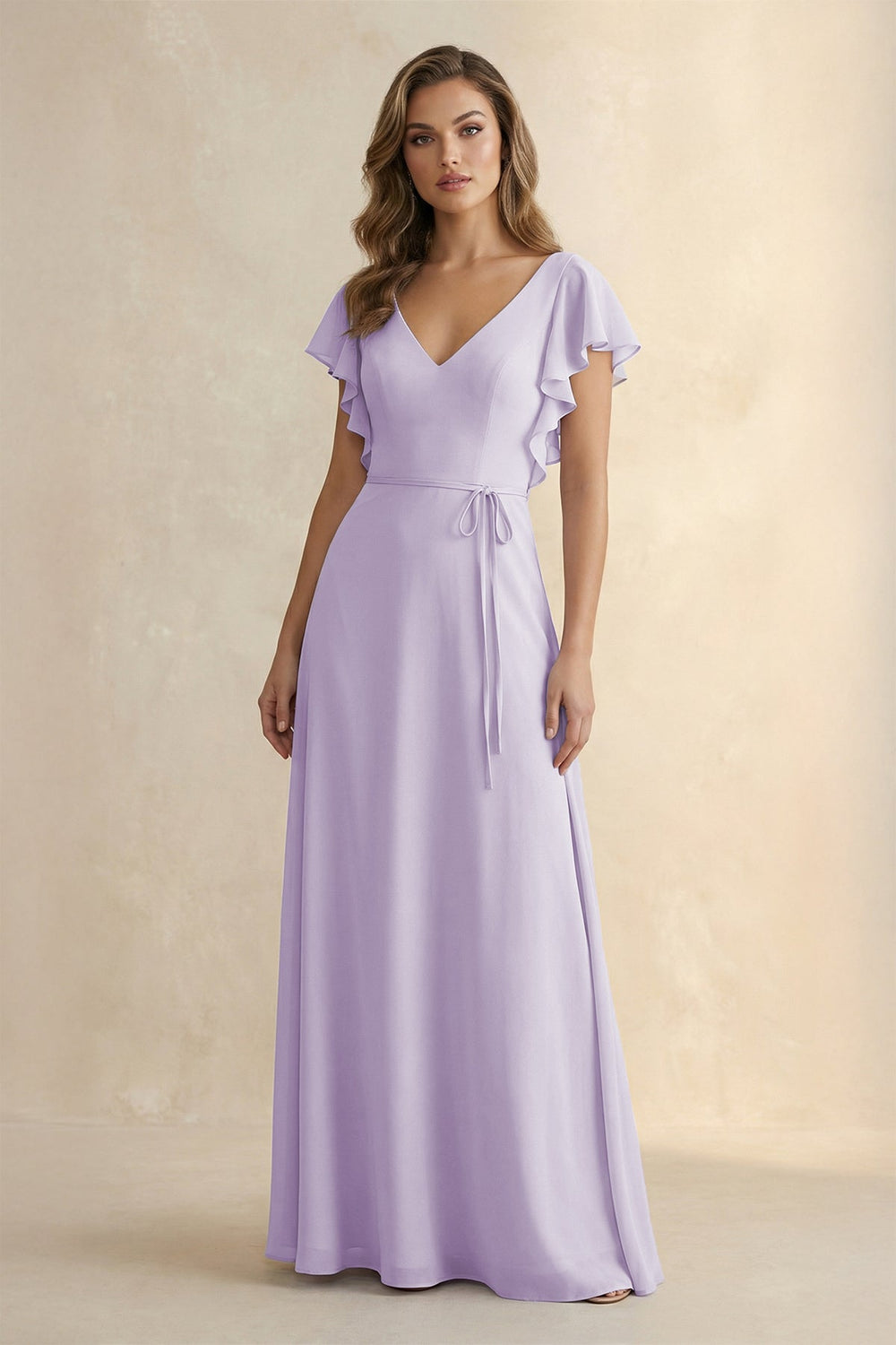 Ruffled V-Neck Chiffon A-Line Bridesmaid Dress in Lavender - SHE IS ME BRIDESMAID DRESSES