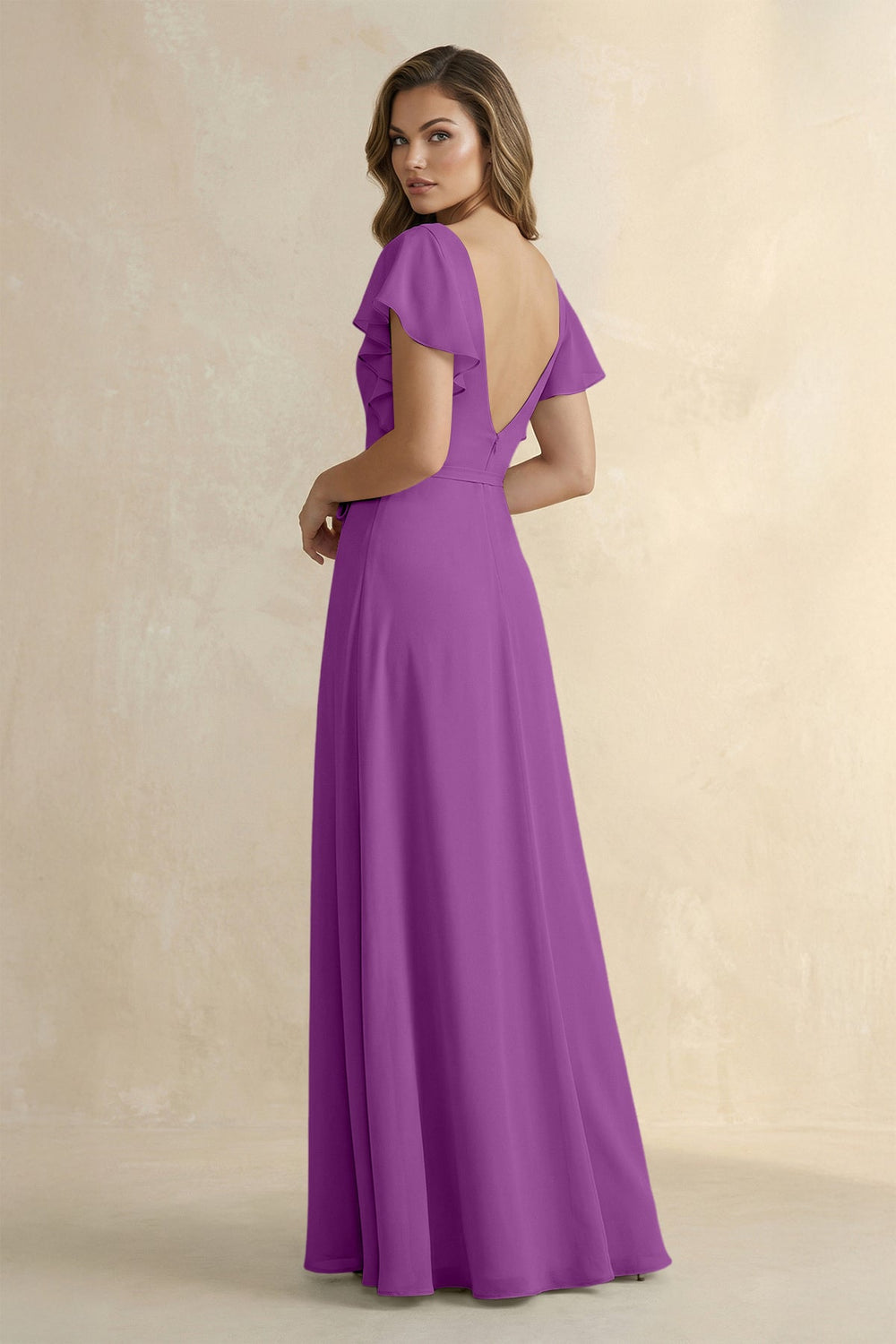 Ruffled V - Neck Chiffon A - Line Bridesmaid Dress in Amethyst - SHE IS ME Bridesmaid Dresses