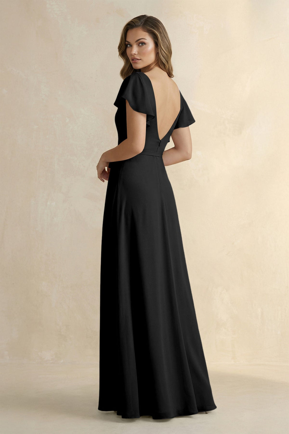 Ruffled V - Neck Chiffon A - Line Bridesmaid Dress in Black - SHE IS ME Bridesmaid Dresses