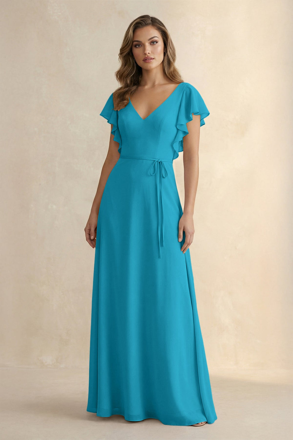 Ruffled V - Neck Chiffon A - Line Bridesmaid Dress in Blue Jay - SHE IS ME Bridesmaid Dresses