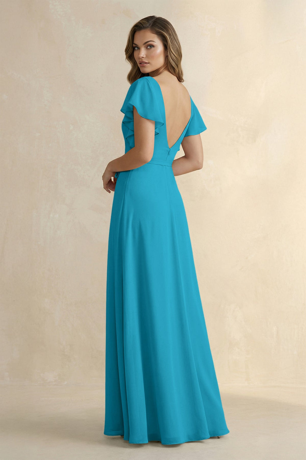 Ruffled V - Neck Chiffon A - Line Bridesmaid Dress in Blue Jay - SHE IS ME Bridesmaid Dresses